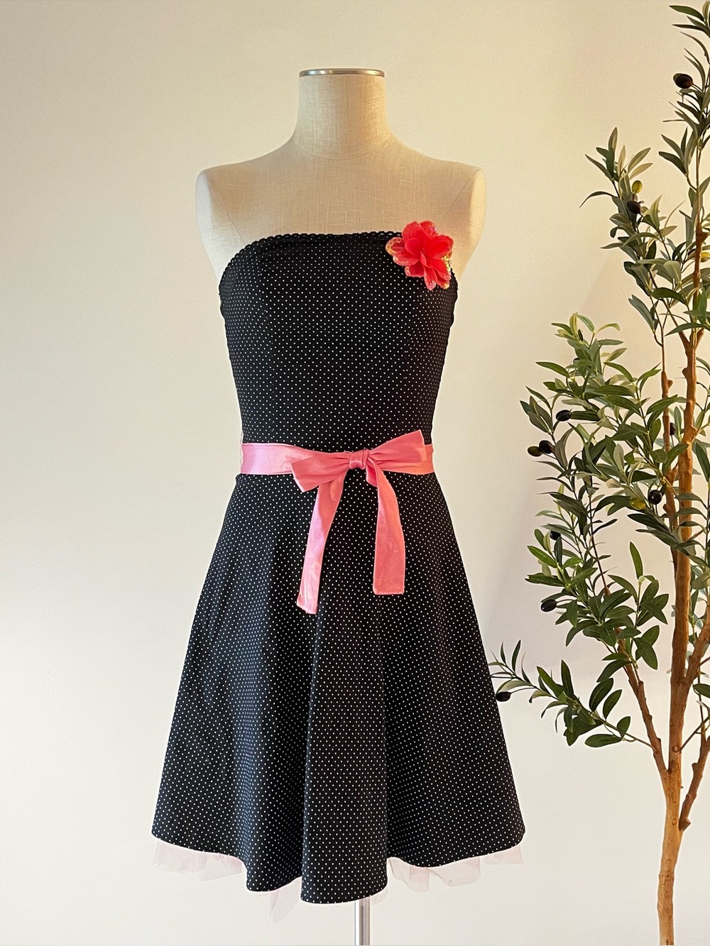 Y2K ruby rox Black Polka Dot Strapless Dress with Pink Accents